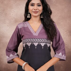 Purple Digital Print Rayon 3 Piece Set with Mirror Work