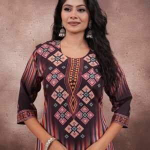 Brown Digital Print Rayon 3 Piece Set with Mirror Work