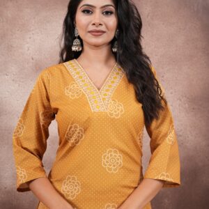 Mustard Digital Print Rayon 3 Piece Set with Mirror Work