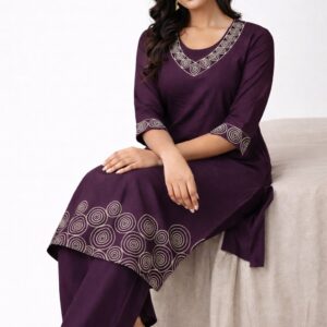 Wine Embroidered Rayon 2 Piece Set