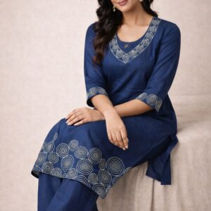 Navy Blue Embroidered Rayon 2 Piece Set