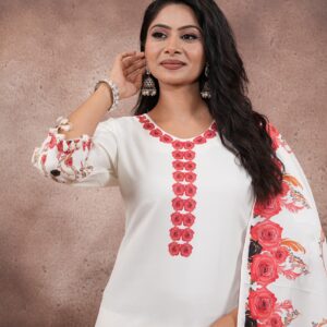 White Floral Digital Print Rayon 3 Piece Set